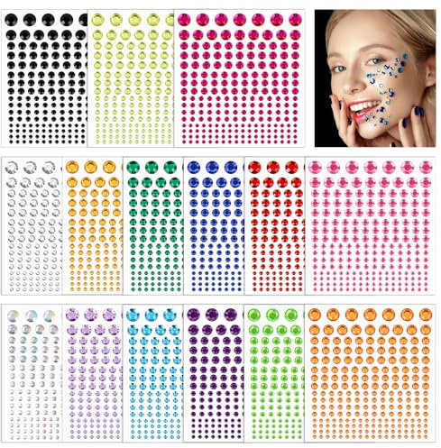 3195 Stück Glitzersteine Selbstklebend, 15 Blätter Strasssteine Bunte Gesicht Klebesteine Schmucksteine für Handwerke Körper Nägel DIY Deko (3/4/5/6/8/10mm)