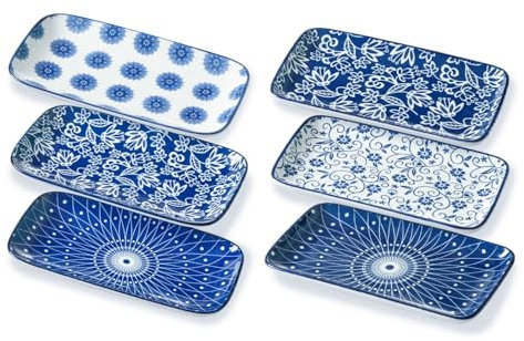 Gibsimi Set di 6 piatti da portata rettangolari, in ceramica, adatti per forno a microonde, lavastoviglie, piatti in porcellana per insalata, antipasti, sushi, dessert, set di 6, blu vintage