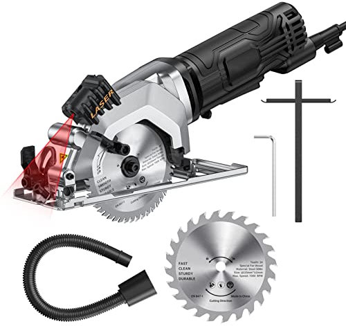 Mulcort Mini Circular Saw 4.8 Amp 4-1/2 Inch Compact Circular Saw 3700RPM Electric Circular Saws with Laser Cutting Guide for Wood Tile and Plastic Cuts Red