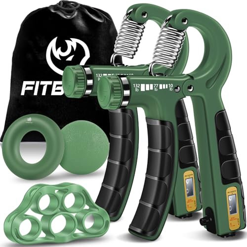 FitBeast Handtrainer Trainingsset (5-teilig), 2 Unterarmgriff Einstellbare Widerstand Handgreifer, Fingerdehner, Griffball & Stressabbau-Griffball für Athleten (Dunkelgrün)
