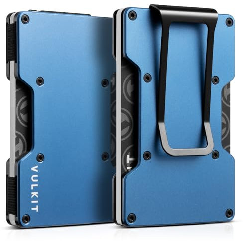 VULKIT Kartenetui Herren mit Geldklammer Metall Slim Wallet Kreditkartenetui RFID Schutz Geldbörse Herren Klein für 12–15 Karten, Blau