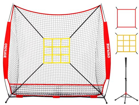 Zonlolo Baseballnetz Fangnetz mit T- und Schlagzone, Baseball Zubehör, 2,1 x 2,1 m, einfacher Aufbau und Transport, robuste Stahlkonstruktion