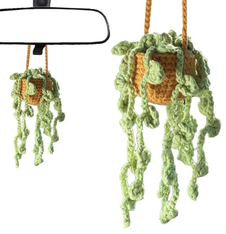 Gehäkelte Hängepflanze Fü Auto, Autospiegel Häkelpflanzen Hängekörbe,Gestrickte Topfpflanzen Für Autospiegel, Topfpflanzen Häkeln Autozubehör, Auto Topfpflanzenzubehör Für Freundin