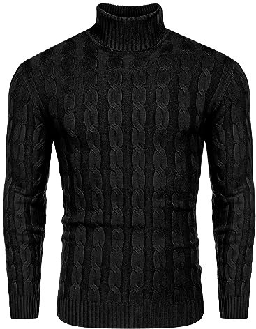 COOFANDY Mens Cable Knitted Jumper Turtleneck High Neck Jumpers Grandpa Sweater Long Sleeve Shirts Slim Fit Black S