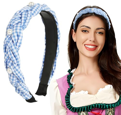 BOFUNX Damen Haarreif Kariert geflochten Haarband mit Perlen Stirnbänder Trachten Haarreif Vintage Breit Kopfband Haarschmuck für Oktoberfest Party