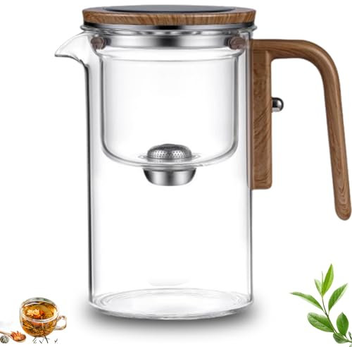 Enchantipot Magische Teekanne, Teekanne Aus Glas Mit Wasserabscheider Und Holzgriff, Magische Teekanne Aus Glas Mit Teesieb, Klare Teekanne Mit Sieb (Kaffeefarbe, 520ml)