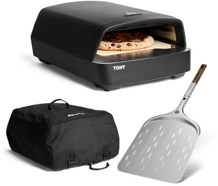 BURNHARD® Forno per pizza a gas TONY, 450 °C, forno da esterno portatile per pizza da 5,9 kW con palino per pizza, borsa da trasporto & pietra refrattaria in cordierite