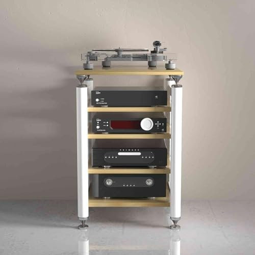 YQMHEZ Schwebende Regale aus Holz, Standhalterung for Audio- und Videomedien, AV-Schrank mit offenem Ende, for DVD-Player, Spielekonsolen, Kabelboxen, TV-Zubehör(White+Wood,5 Tier)