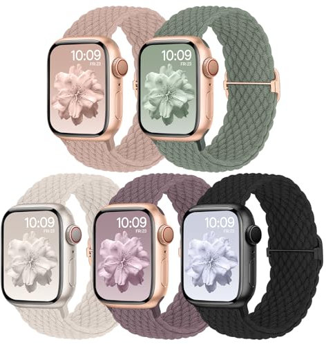 Geflochtenes Armband Kompatibel mit Apple Watch 38mm 40mm 41mm 42mm, Elastisches Nylon Stoff Band für Apple Watch 10 9 8 SE 7 6 5 4 3 2 1, 5 Stück