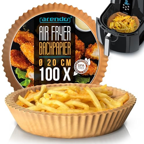 Arendo - Backpapier für Heißluftfritteuse 4,5 bis 7,5 L - 100 Stück – rund - 20 x 20 x 4,5 cm - Antihaft Backpapier - wasser und ölbeständig – geeignet für Airfryer Backöfen Mikrowellen Dampfgarer