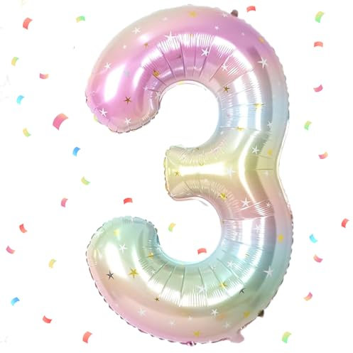 Verlauf Luftballon 3 - 40 Zoll Folienballon, 101cm Zahlenballon, Helium Ballon für 3. Geburtstag - Deko für Mädchen und Jungen