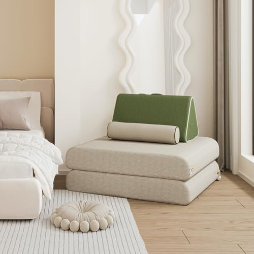 LELEFIDO Klappbares Bodensofa, 2 in 1 Schlafsofa mit Schlaffunktion und Nackenstütze Rückenlehne, Gästesofa, Lounge Sofa, Gepolstert Sofabett mit abnehmbarem Bezug, Beige