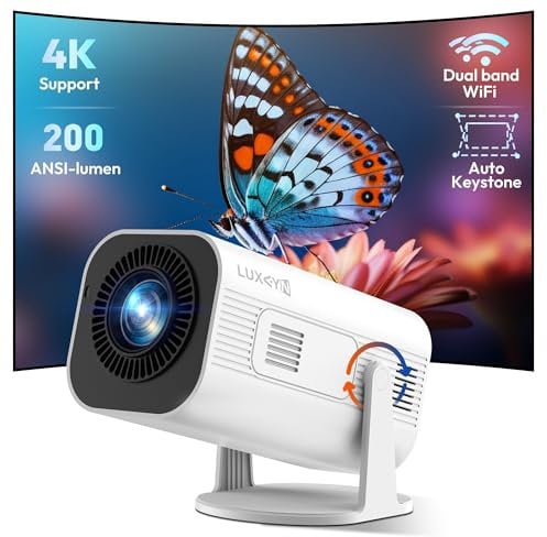 Smart Mini Projector LUXVYN V1 Portable Projector with WiFi and Bluetooth 200 ANSI 4K, Support FHD Resolution, Keystone Correction Video Projector, 180° Rotatable Support for