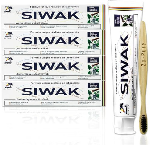 Zo-Pure dentifrice siwak – Coffret Luxe LOT DE 4 dentifrices + 4 brosses bambou – Miswak Blanchiment naturel – Véritable menthe poivrée – Dentifrice BIO - sans fluor – Meswak bâton extrait Authentique