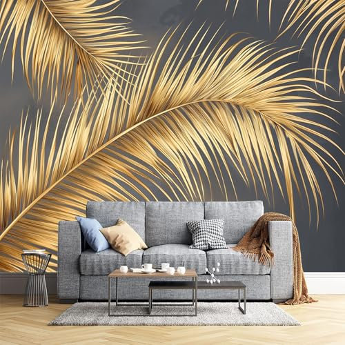 JEDTAKCT Papier Peint Panoramique Feuilles De Palmier Dorées Esthétique Végétale 350X256Cm Soie Fresque Murale - Décoration Murale Moderne – Pour Salon Chambre D'Enfants Restaurant Murale