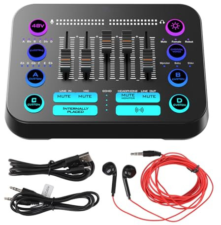 Gaming -Audio -Mixer, USB C RGB -PC -Mixer mit 3,5 -mm -Soundkabel, Live -Soundkarte und Audio -Schnittstelle Podcast Production Studio Equipment
