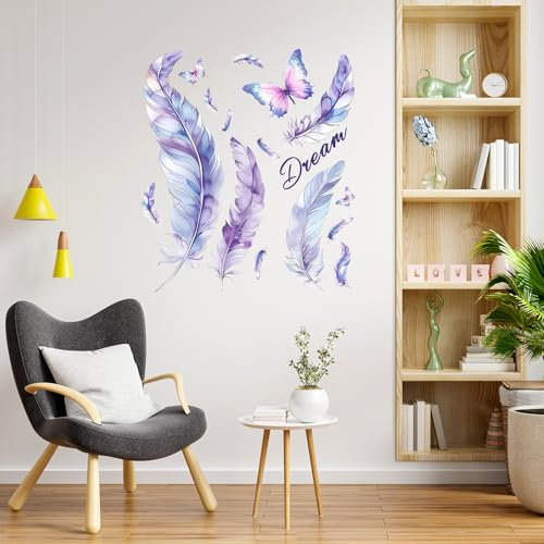 Wandtattoo Feder, Wandsticker Schmetterling Lila Violett, Wandtattoo Selbstklebend, Wandaufkleber für Wohnzimmer Schlafzimmer Sofa Hintergrund Wanddekoration