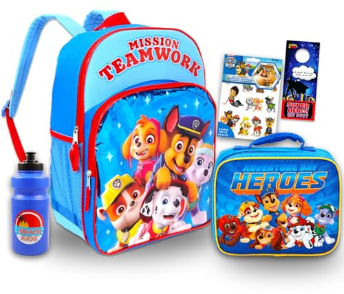 Paw Patrol Rucksack mit Lunchbox-Set – Paket mit 40,6 cm Schultasche, Lunchtasche, Aufklebern, Wasserflasche, mehr | Paw Patrol Schulrucksack für Jungen, Mädchen, Kinder