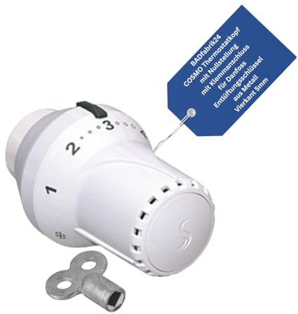 BADfabrik24 Thermostatkopf mit Nullstellung und Klemmanschluss für Danfoss + Entlüftungsschlüssel aus Metall 5 mm Vierkant – 1 Stück | Heizkörper Thermostat Set