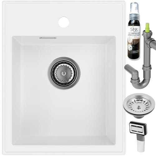 SINK QUALITY Spülbecken Weiß 40x50 cm - Granitspüle Weiß mit Siphon und Imprägnierung - Spüle ohne Abtropffläche - Kleines Spülbecken für Küche für Unterschränke ab 40 cm Breite