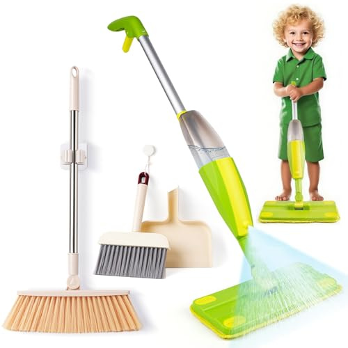 Lullulii Montessori Ensemble de nettoyage pour enfants avec mini balai et pelle à poussière pour enfants Vert