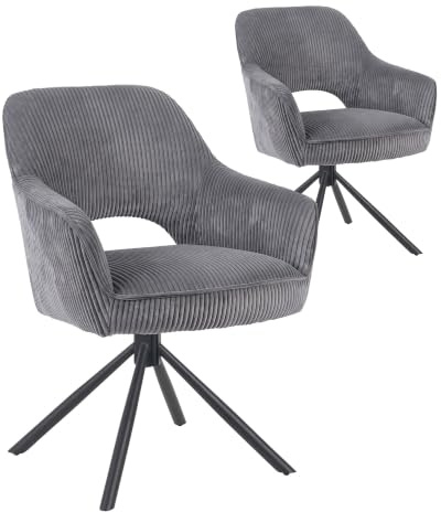 DUBI Möbel Esszimmerstühle 2er Set 360° drehbar mit Taschenfederkern, hoher Sitzkomfort, bis 150 kg belastbar, Cord-Stoff Grau, Robustes Metall-Kreuzgestell, modernes Design, Modell Mika-Ben