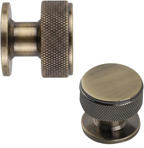 keypak 10 Pack Large Antique Brass Knurled Cabinet Knobs 33mm Wide | Modern Drawer Pull Handles for Kitchen Cabinets, Cupboards, Furniture & Doors