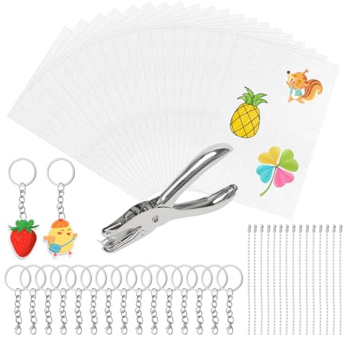 Juibao Schrumpffolie Set, 20 Blatt Schrumpfpapier mit 31 Zubehör | Schrumpfende Plastikfolie mit Schlüsselanhänger Kugelkette und Locher für Schlüsselanhänger, Anhänger, Ornamente Basteln