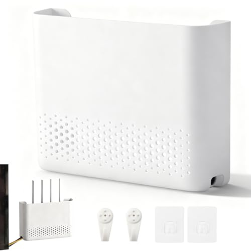 SXTDKMJ Router Schrank, Router Verstecken WLAN Box 30 x 22 x 6.5cm Wandhalterung WiFi-Rack mit Klebeschnalle und Spurloser Nagel Weiß
