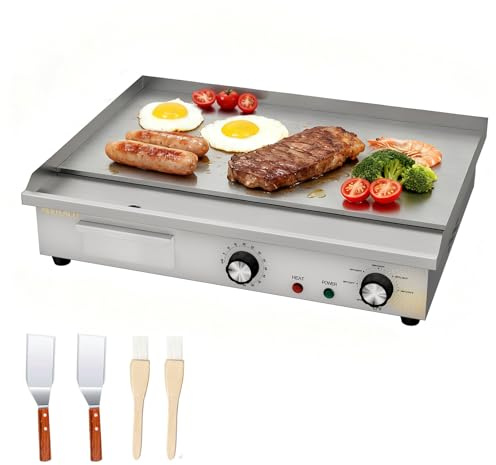MOOTACO Plancha Eléctrica Comercial, Plancha Eléctrica de acero inoxidable Profesional, superficie de grill lisa de 54cm, Control de Temperatura 50 a 300 °C, con 2 Palas y 2 Cepillos