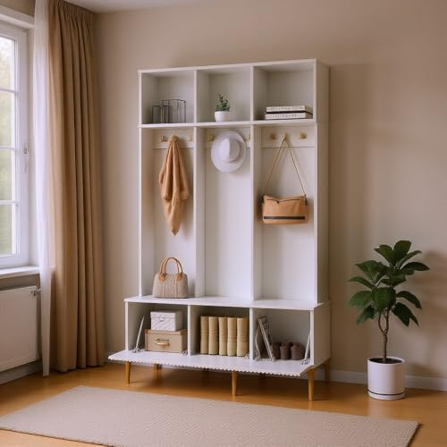 vutizal Garderobenset mit Sitzbank & 6 Goldene Haken | Multifunktionaler Flurschrank mit Schuhschrank & Aufbewahrung | Moderne Flurgarderobe mit Bank für Flur, Wohnzimmer | Weiß, 120 cm Breite
