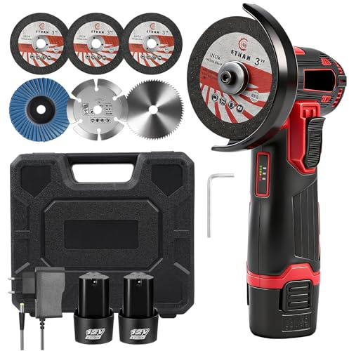 Mini Winkelschleifer Akku, 500W 12V Kabelloser Winkelschleifer Mit 2x1300mah Akkus, Mini Flex Elektrische Handheld Multischleifer mit 6 Schleifscheiben 76mm Zum Schneiden Von Fliesen Holz Stein Stahl