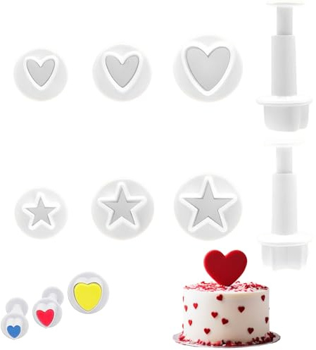 6 Pcs Heart and Star Cutters for Cake Decorating,RARITYLL Food Grade Plastic Heart Shaped Cookie Cutter, Mini Fondant Plunger Cutter Set for Sugarcraft, Baking, Cookies, Clay, DIY Decorating Tools