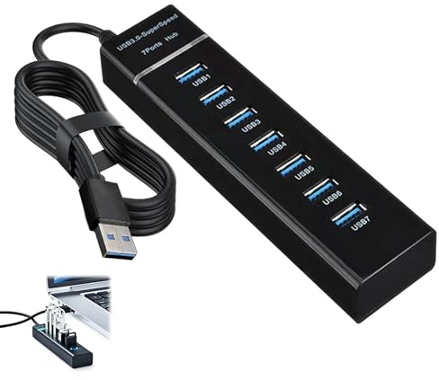 Menibeuty 7-Port USB 3.0 Hub mit 120cm Langkabel, SuperSpeed 5Gbps Multiport Verteiler, Kompakter USB Splitter für Desktop-PC, Laptop, MacBook, U-Disk, Maus (Schwarz)