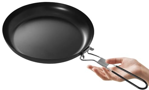 MOLUCKFU 9 Inch Non Stick Steak Pan with Foldable Handle for Camping BBQ | Iron Build, Black Finish, Induction and Gas Hob Use, Compact 9 Inch Size, Outdoor Cooking