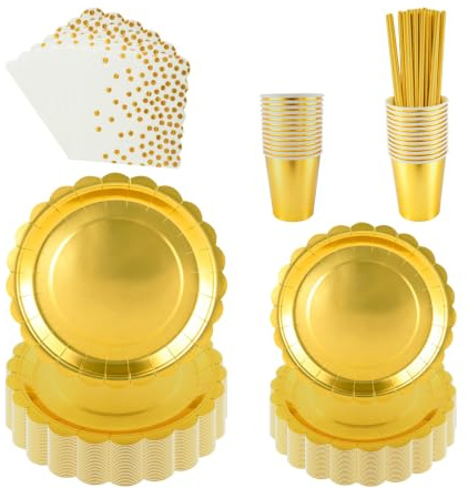 Glossy Gold Scallop Edge Paper Plates Set for 25 Guests | Includes 9'' & 7'' Plates,Napkins,Cups,Straws,for Christmas,New Year's Eve,Wedding,Birthday Party,Surprise Party,Gatsby Party