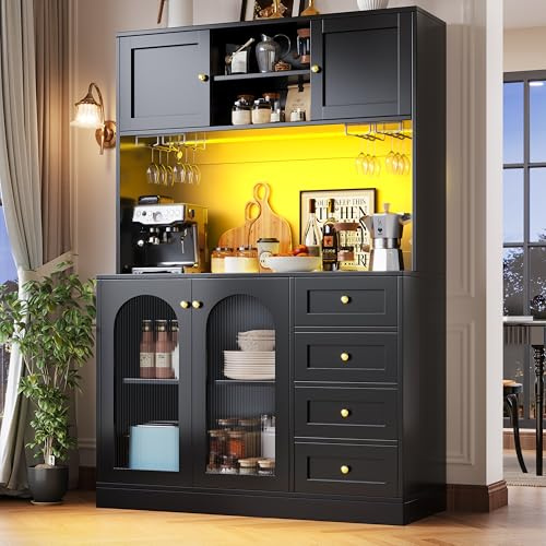 luckdect Buffet Haut avec LED, Meuble de Rangement Cuisine 120x40x188 cm, Vaisselier Moderne 4 Portes avec Porte-Verres, Armoire de Rangement Style Campagne, Vitrine en Verre Cannelé, Noir