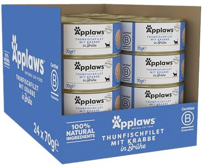 Applaws 100% natürliches Premium-Nassfutter für Katzen, Thunfischfilet mit Krabben in Brühe für ausgewachsene Katzen - Packung mit 24 x 70g Dosen