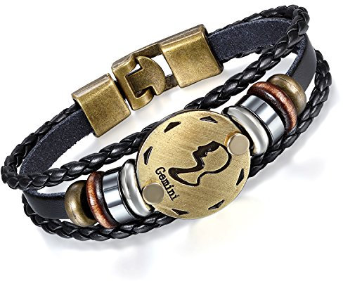 Flongo Lederarmband Horoskop Armband Damen Armkette Herren Armreif, Leder-Armband Armreif Manschette Manschettenknopf Schwarz Gold Golden Horoskop Tierkreis Sternzeichen Sternbild Zwillinge