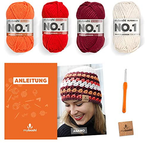 myboshi Häkelset Mütze Agano, inkl. No.1 Wolle, Nadel und Anleitung, für Mützen und Schals, Häkelpaket, 30% Merinowolle Rot, Orange mit Häkelnadel