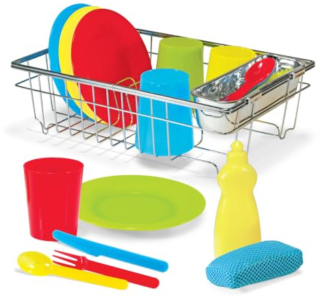 Melissa & Doug Wash and Dry Dish Set - 24 Pieces Kids Play Dishes, Play Kitchen Accessories, Toy Dishes for Kids Kitchen Ages 3+