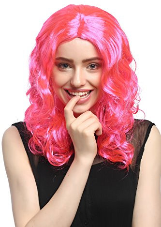WIG ME UP - XR-010-PC5 Perücke Damen Karneval Fasching lang Volumen Locken lockig Mittelscheitel Rosa Pink 50 cm