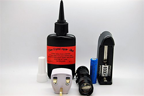 50gr Résine UV, Colle, Réparation de Cristaux, Verre, Lunettes, Montres, Meubles + UV Torche Zoomable avec Chargeur
