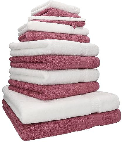 Betz 12-TLG. Handtuch Set Premium 100% Baumwolle 2 Duschtücher 4 Handtücher 2 Gästetücher 2 Seiftücher 2 Waschhandschuhe weiß/Beere