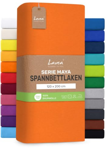 Lavea® Spannbettlaken 120x200cm - Abendrot | Maya, 100% Jersey Baumwolle – Weiches Spannbetttuch mit Rundumgummi, atmungsaktives Bettlaken für Matratzen bis 20 cm