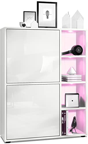 Vladon Buffet Haut Cuba avec 8 Compartiments, Caisson en Blanc Mat/Façades en Blanc laqué Haute Brillance avec éclairage LED RGB