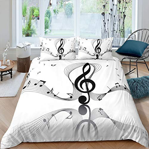 Loussiesd Bettbezug und Musiknote für Kinder, 2-teilig, Jungen, Mädchen, Grau und Weiß (1 Bettbezug und 1 Kissenbezug)