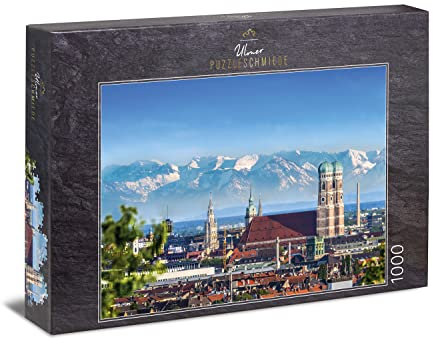 Ulmer Puzzleschmiede - Puzzle „Münchner Himmel“ - das 1000 Teile Puzzle mit dem klassischen München-Motiv - Frauenkirche mit Alpen-Panorama am Horizont – der Blick über die Hauptstadt von Bayern