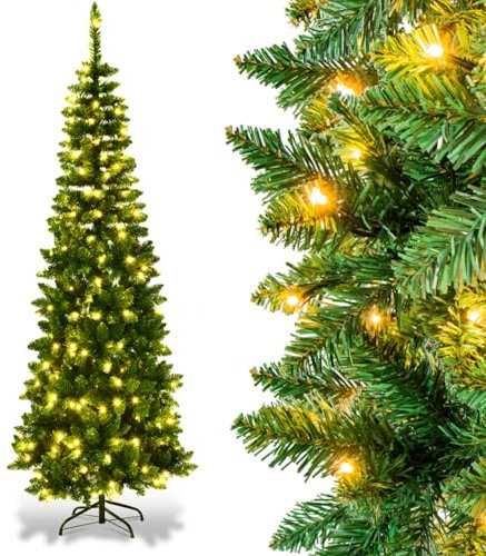 GYMAX 4.5FT/5FT/6FT/6.5FT/7.5FT Pre-Lit Green Christmas Tree, Premium Hinged Artificial Pencil Tree with Warm White LED Lights, Xmas Traditional Decoration for Home, Office, School and Shop(7.5FT)