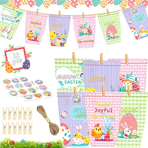 Seasboes 12 Ostern Candy Taschen, DIY Geschenktüten mit Osterhasen Aufklebern zum Befüllen, Kreativität Osternest, ideale Geschenkidee oder Oster Dekoration (18 Aufkleber, 12 Holzclip, 1 Hanfseil)
